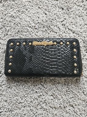 Hard Rock Cafe Black Snake-Embossed Zip Around Wallet with Gold Studs